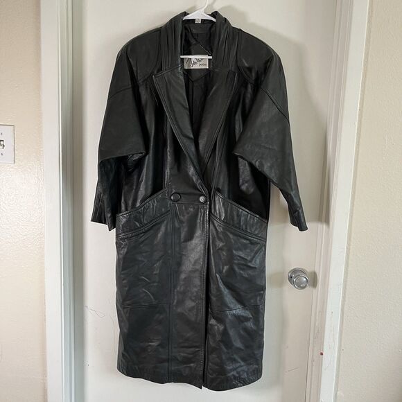 JOHN WEITZ Womens Black Tapered Long Leather Trench Coat w/ Shoulder Pads size S - Picture 1 of 12